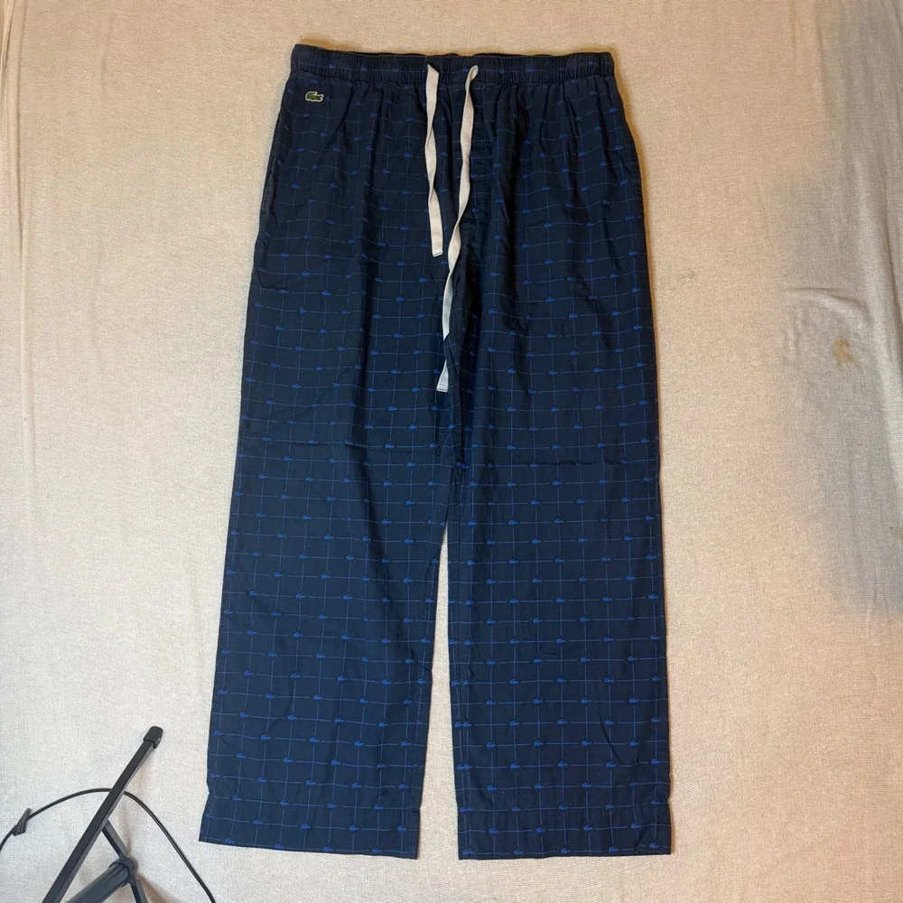 Lacoste Pajama Pants Men XL Navy Blue Grid Logo Print Sleepwear Lounge Bottoms